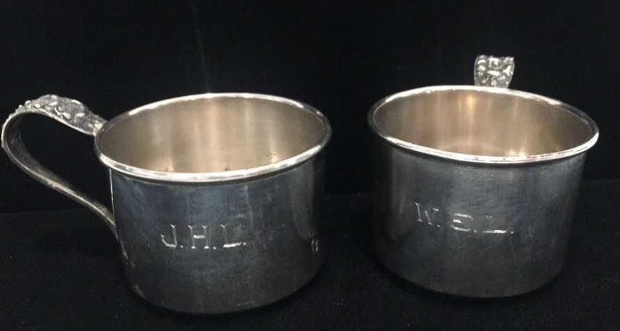 2 Steiff Sterling Repousse cups: 2 inches tall, total weight 160 grams, monogrammed