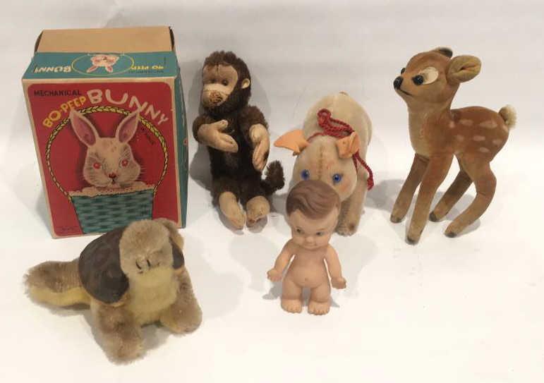 Vintage toys: Steiff Bambi, turtle, pig, monkey, pee-weed rubber boy, mechanical Bo-peep bunny with original box not working