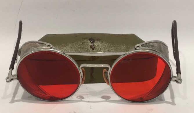 RO Mfg Co. collapsible safety glasses: 5 1/8 inches wide by 2 inches tall