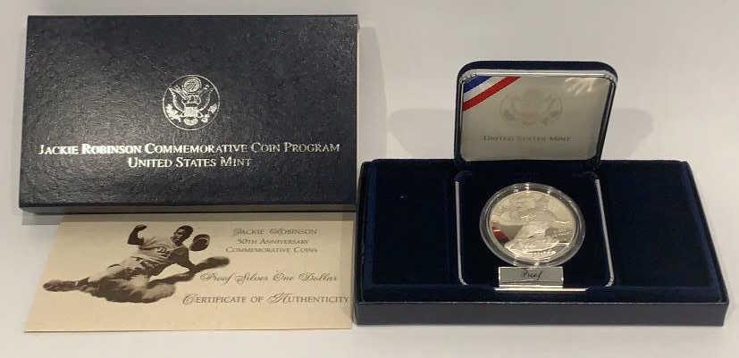 Jackie Robinson 50 Anniversary Commemorative Coin: Proof Silver One Dollar, US Mint, with original box and COA