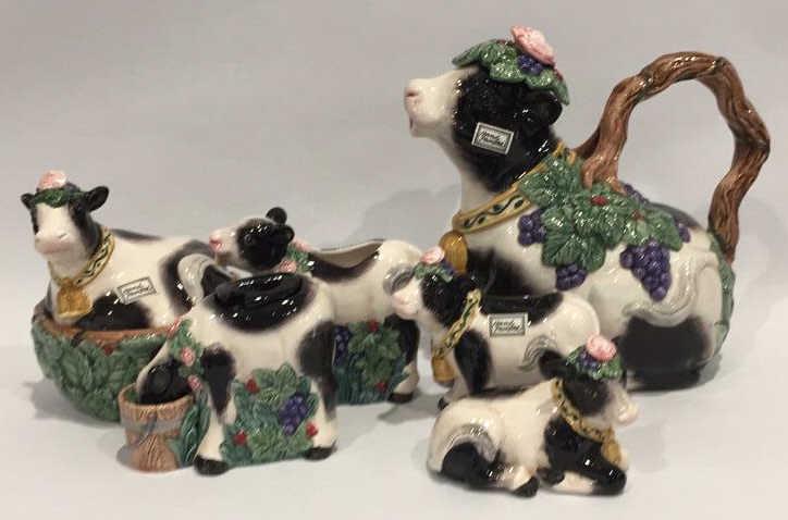 Fritz and Floyd Tea Set Painted by Heidi Holstein: Handpainted, 6 pieces, Picture 8 3/8 inches tall by 8 5/8 inches wide, sugar 4 inches tall by 4 3/8 inches wide, creamer 4 1/2 inches tall by 5 1/2 inches wide, salt shaker 3 inches tall by 4 inches w