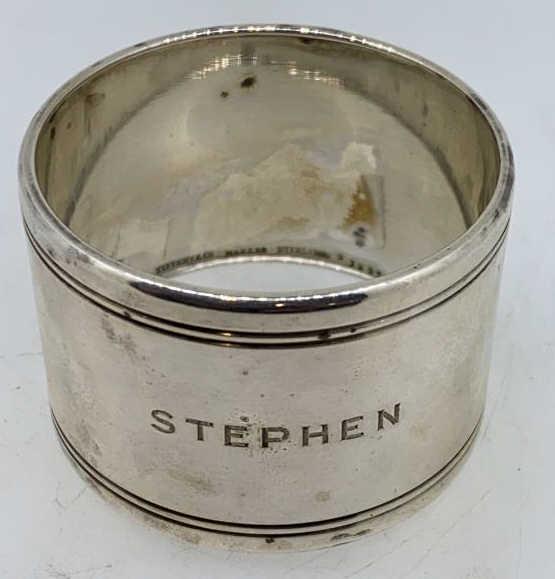 Tiffany Napkin Ring: Monogrammed â€œStephen”, 55 grams, â€œTiffany & Co Makers 2 1297 M* Sterling”, 2 inches in diameter