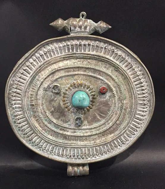Antique Nepal Tibetan Silver Pendant: With turquoise and coral precious stone on top, as is see photo, total weight 239 grams, nonmagnetic