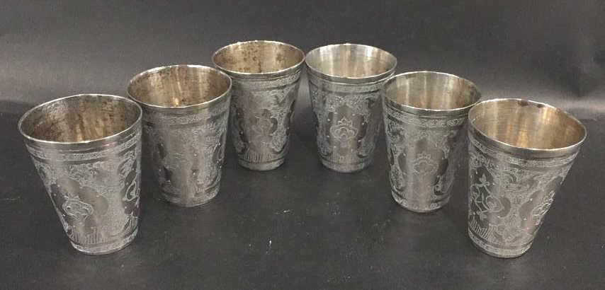 Iranian Silver Shot Glasses: Six and number, hallmarked, total weight 255 gram, 2 inches tall by 1.5 inches in diameter