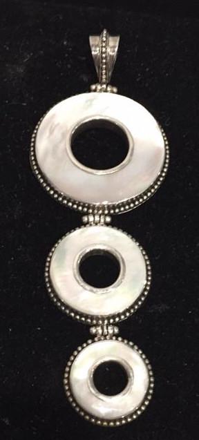 Mother of Pearl Triple Designer Pendant: 4 inches tall, 22.5 grams, marked 925 Indonesia