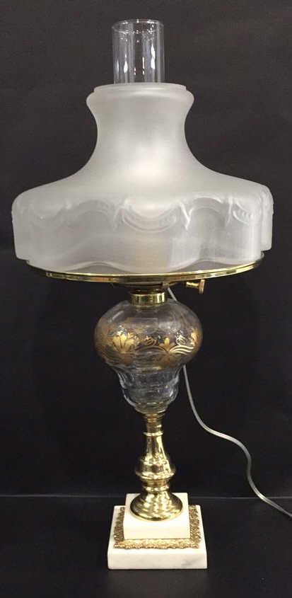 Electricified Oil Lamp with Clear Globe: Electrified, 24 inches tall by 11 inches at widest point, gold leaf painting