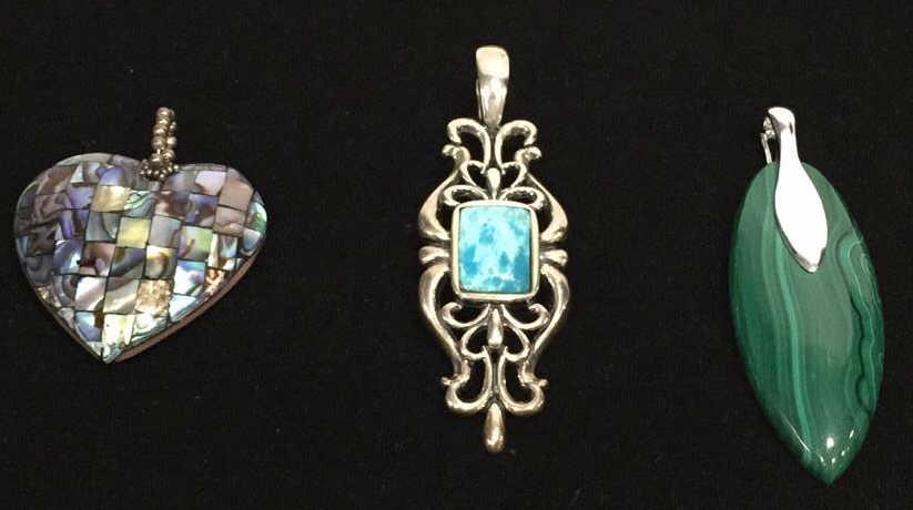 Lot of Pendants: Abalone shell heart double sided, Sterling designer pendant with blue Centerstone, Sterling designer pendant with green stone