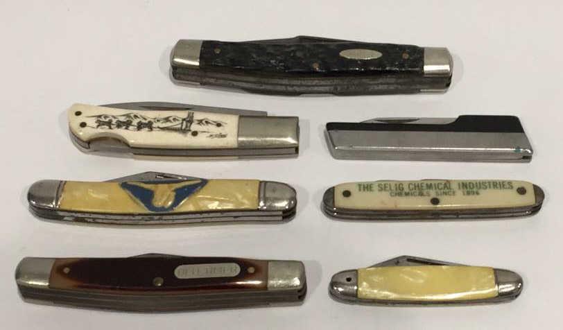 Seven Pocket Knives: Old timer, Banzer, Veneo, Imperial, Frost Cutlery, Manner, one unmarked