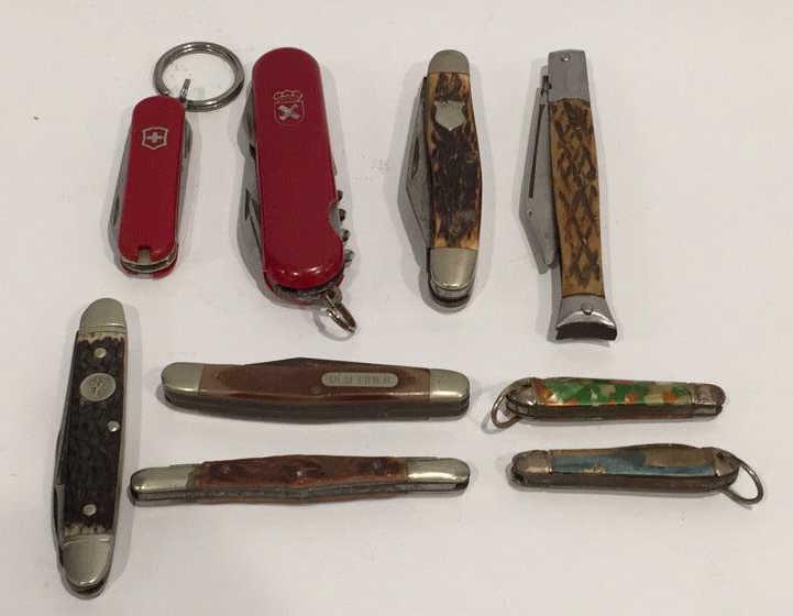Nine Assorted Pocket Knives: Old timer, Camillus, S Japan, Swiss army, Boker