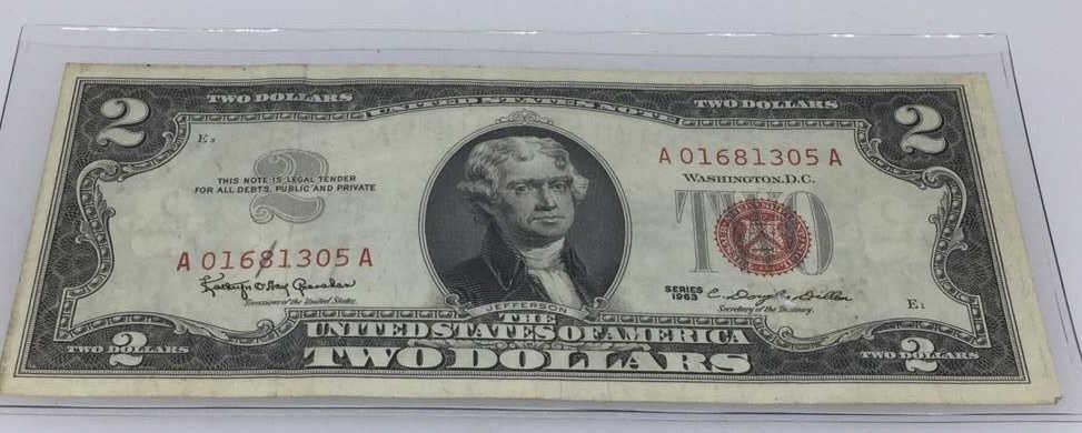 Series 1963 Red Seal Two Dollar Bill: Serial number: A01681305A, use photo for condition