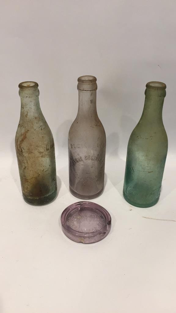 3 Jacksonville & Georgia Vintage Bottles: To Coca-Cola bottles from Savannah Georgia, one pain brothers Jacksonville Florida bottle, one or rock and company guava jelly Jacksonville Florida bottle bass