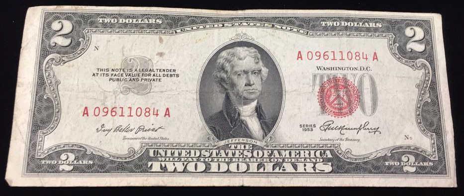 Series 1953 Red Seal Two Dollar Bill: $2 Bill, Serial number: A09611084A