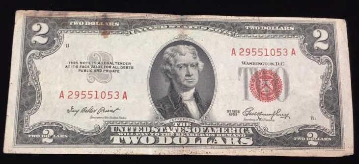 Series 1953 Red Seal Two Dollar Bill: $2 Bill, Serial number: A29551053A