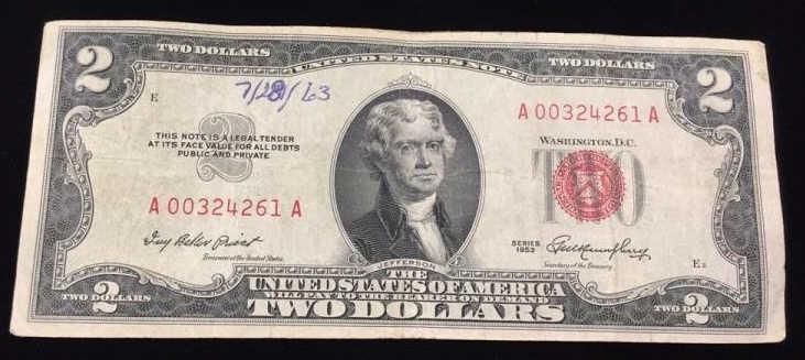 Series 1953 Red Seal Two Dollar Bill: $2 Bill, Serial number: A00324261A