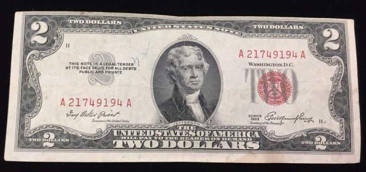 Series 1953 Red Seal Two Dollar Bill: $2 Bill, Serial number: A21749194A