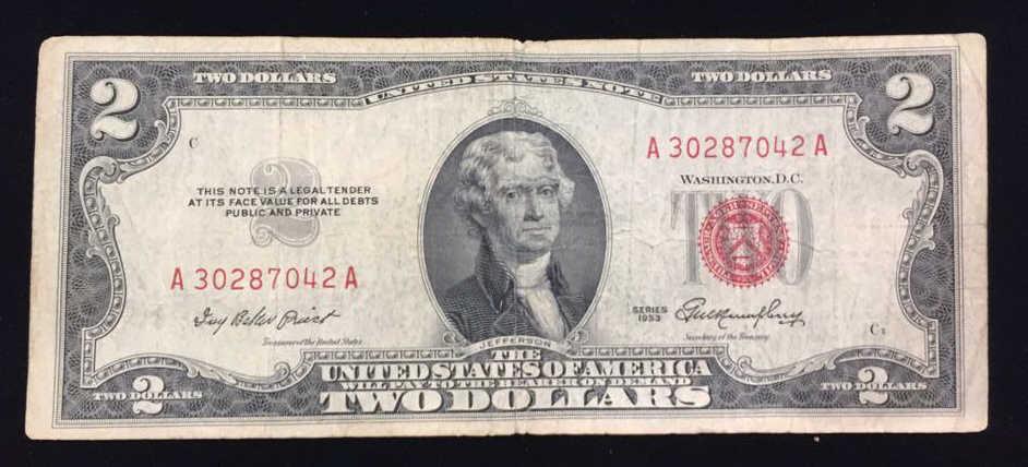 Series 1953 Red Seal Two Dollar Bill: $2 Bill, Serial number: A30287042A