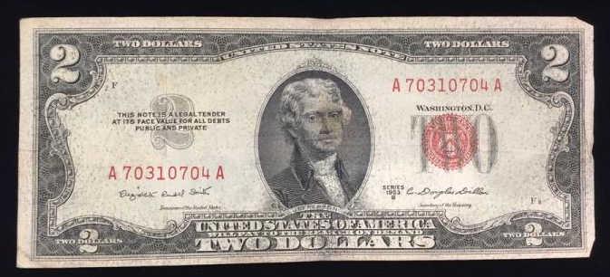 Series 1953B Red Seal Two Dollar Bill: $2 Bill, Serial number: A70310704A