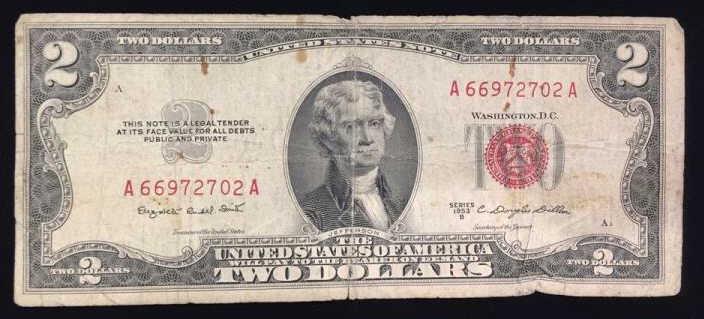 Series 1953B Red Seal Two Dollar Bill: $2 Bill, Serial number: A66972702A