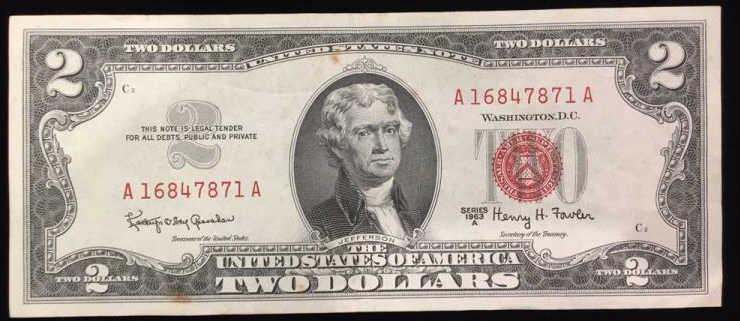 Series 1963A Red Seal Two Dollar Bill: $2 bill, serial number: A16847871A, use photo for grading