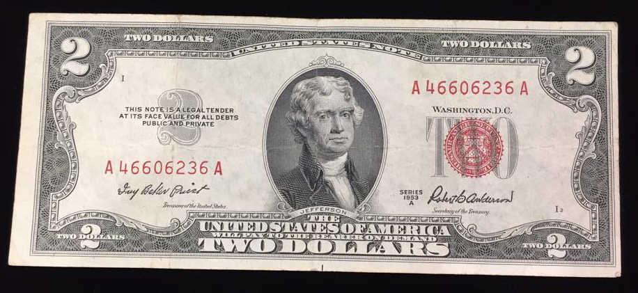 Series 1953A Red Seal Two Dollar Bill: $2 bill, serial number: A46606236A, use photo for grading