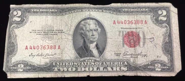 Series 1953 Red Seal Two Dollar Bill: $2 bill, serial number: A44036388A, use photo for grading