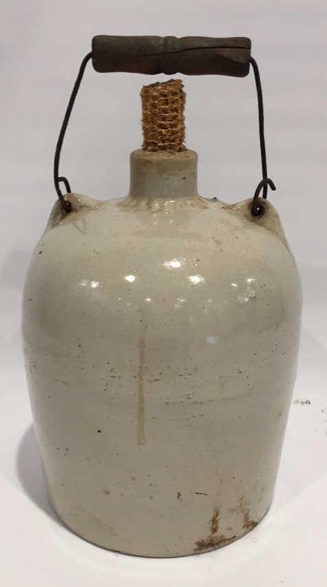 Stoneware Jug with Wooden Handle: With corn cob cork, 12 inches tall