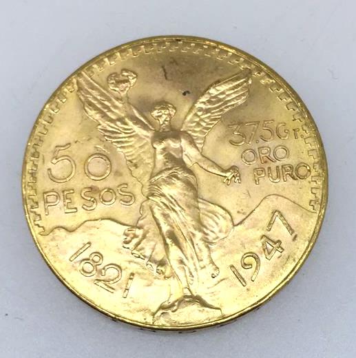 50 Gold Mexican Pesos (1821-1947): Foreign coin, use photo for grading