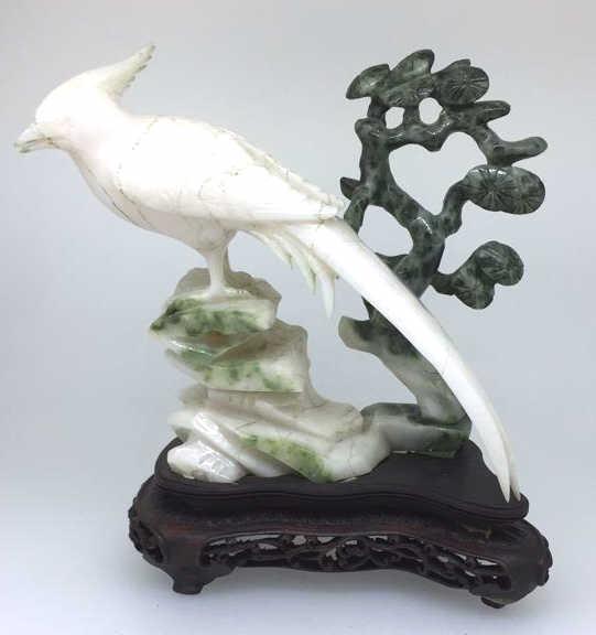 Chinese Carved Jade & Quartz Bird &Tree Sculpture: Bird and Pedestal made of Quartz, Tree made of Jade, 6.75 inches tall including custom stand by 6.5 inches at widest point