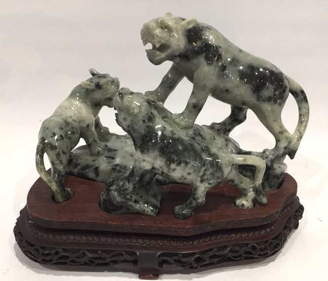 Chinese Carved Grey White and Black Quartz Statue: 3 lions, 7 inches tall including custom stand by 9 inches at widest point, 1 lion is as is see photo