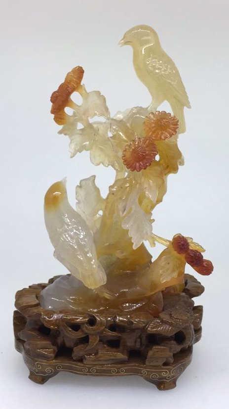 Chinese Carved Jade Sculpture of Birds on Tree: 7 inches tall including custom stand, orange and white