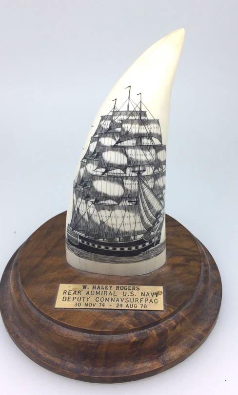 Scrimshaw Tooth w/Ship & Eagle signed Russ St Jean: Signed under Eagle image, with plaque stating â€œ W. Haley Rogers Rear Admiral US Navy Deputy COMNAVSURFPAC, 30 Nov 74 - 24 Aug 76