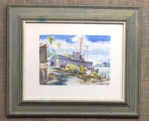 Harbor Scene Watercolor Emmett Fritz (1917-1995): 18.25 inches by 15.25 inches, Signed on bottom right corner