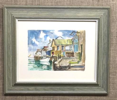 Harbor Scene Watercolor Emmett Fritz (1917-1995): 18.25 inches by 15.25 inches, Signed on bottom right corner