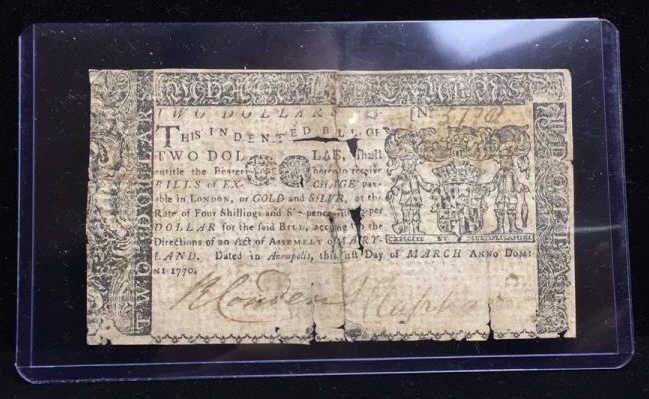 $2 Colonial Annapolis, MD Paper Money: 2 dollar bill, see photo for condition