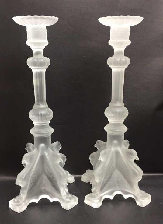 Val St. Lambert Pair of Frosted Candlesticks: 11 inches by 4 inches, initialed VSL on foot