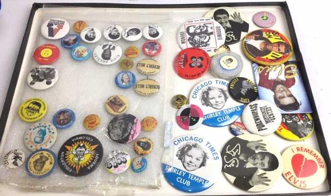 Lot of Vintage Various Buttons: Approximately 46 in number, Beatles, Elvis, Marilyn Monroe, Shirley Temple, and more see photo