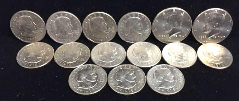 Assorted United States Coins: 13 - 1979-P Susan B. Anthony $1 Coin, 2- 2014-P Kennedy 50c