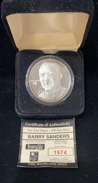 Barry Sanders 1oz Limited Edition Coin: .999 fine silver, number 1974 of 7500, with COA