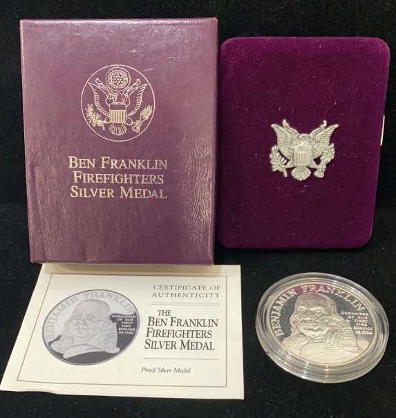 Ben Franklin Firefighters Silver Medal: With box, case, papers, 1 Troy ounce .999 silver