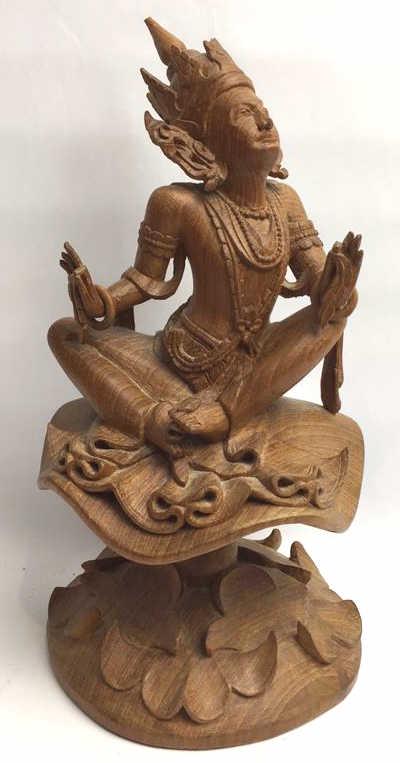 Hindu Goddess Sitting in Mushroom Figurine: Hand-carved Wood, 10 inches by 5.25 inches, see photo for tip chipped off, and slight hand damage