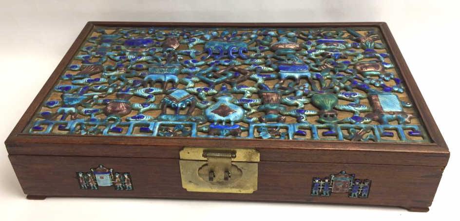 Chinese Blue Purple Enamel Repouse Large Wood Box: 8.5 inches by 13.5 inches by 2.75 inches