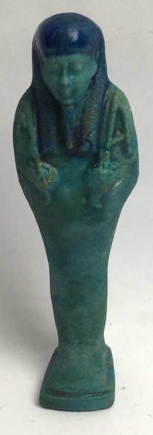 Ancient Egyptian Faience Ushabti: Pharaoh in mummy form, 4.75 inches by 1.5 inches