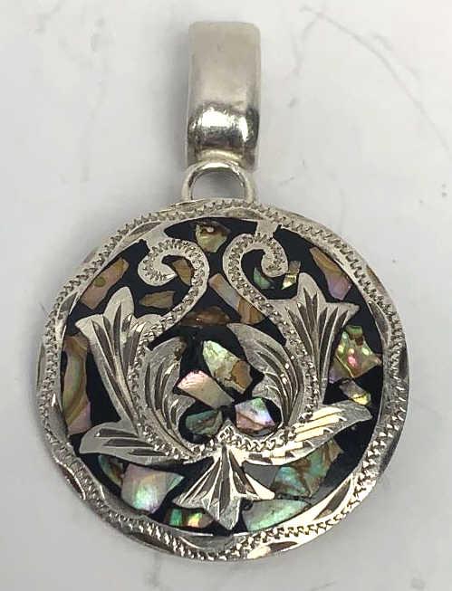 Mexican Abalone Shell and Sterling Pendant/ Brooch: Round, marked Mexico Geo 925, 2 inches by 1.5 inches, 7 grams total weight