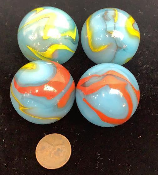 4 Large Vintage Marbles: Blue, Yellow, red