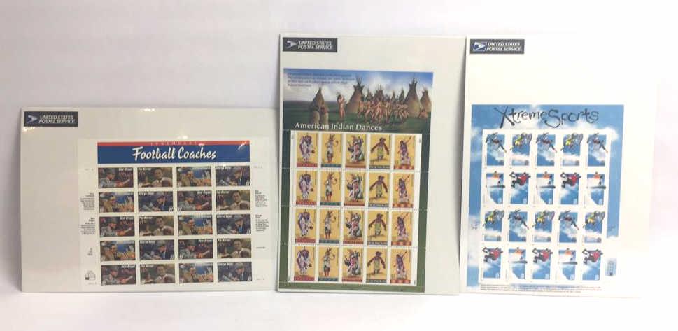 Lot of US Stamp Sheets: Xtreme Sports 20 .33 Stamps, American Indian Dances 20 .33 stamps, Football Coaches 20 .33 stamps, face value of this lot is $19.40