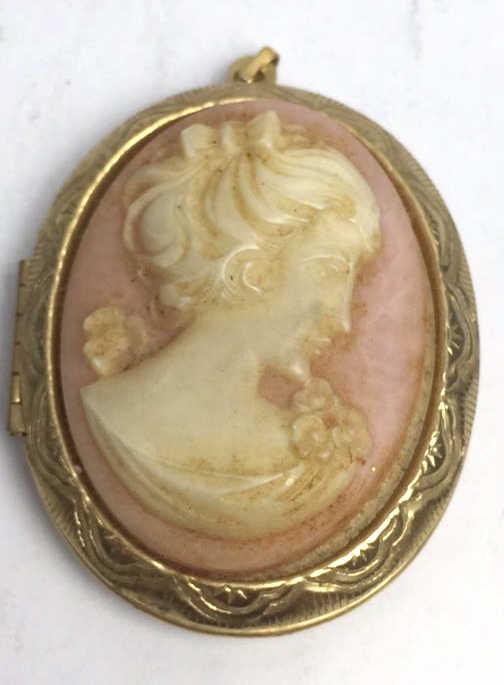Cameo Locket: Gold Tone, unmarked, magnetic, 2 inches by 1.5 inches