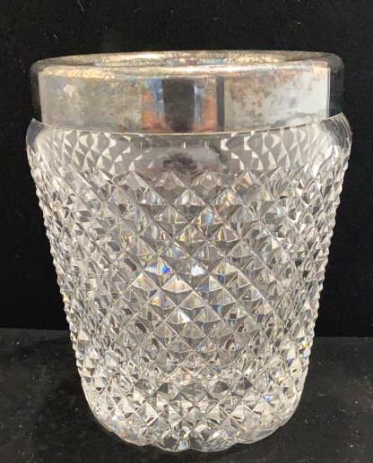 Cut Glass Silver Rim Vase: 5.5 inches tall by 4.75 inches across