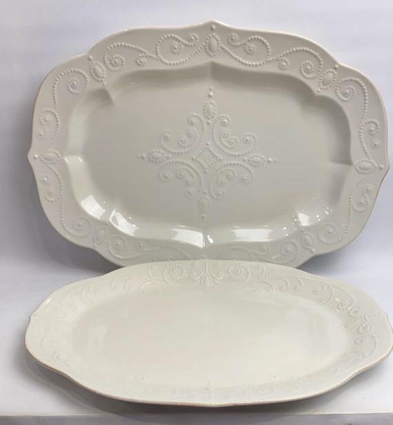 2 French Pearle White Lenox platters: 16 and 18.5 inches across each, still have stickers on them