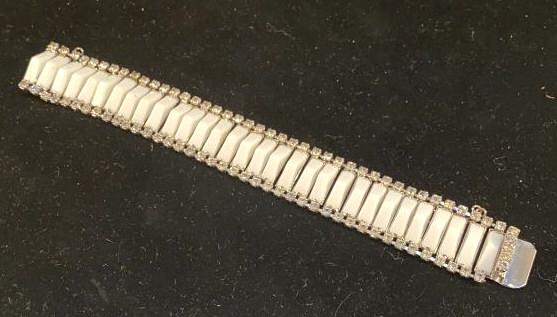 Kramer White and Rhinestone Bracelet: 7.25 inches long, marked Krame of New York