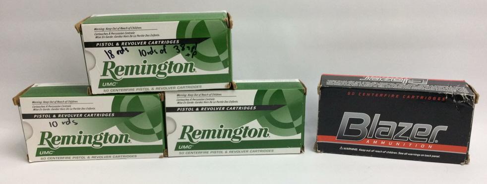 Lot of Ammunition 357 magnum and 38 spl +p: 1 box of Blazer 357 magnum, 1 full box of Remington 357 magnum, 28 rounds of Remington 357 magnum, 10 rounds of 38 Spl +P, see photo
